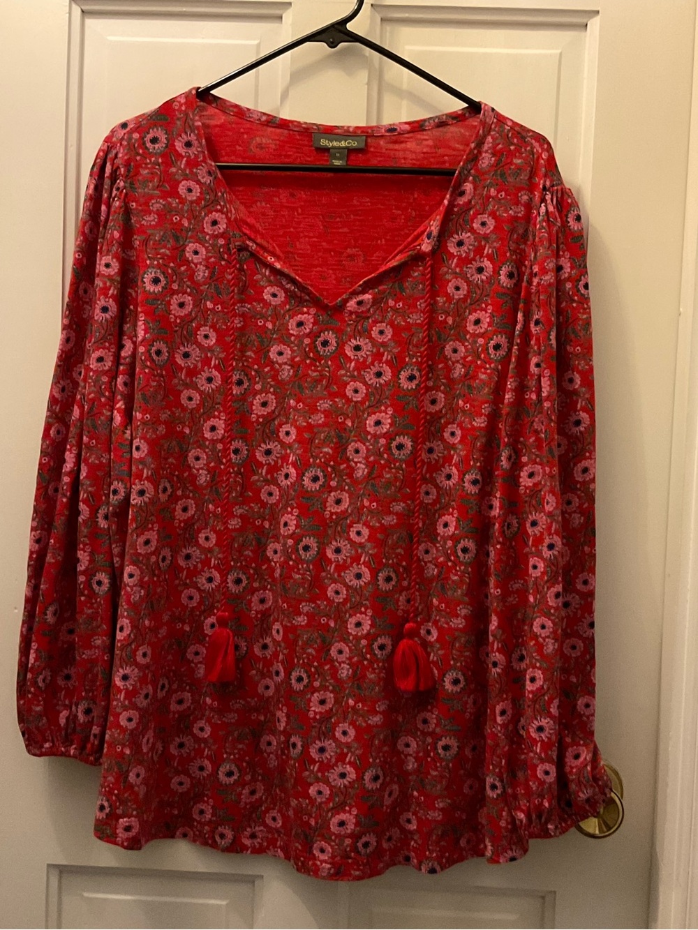 Style & Co. Red Floral Tassel V-Neck Blouse